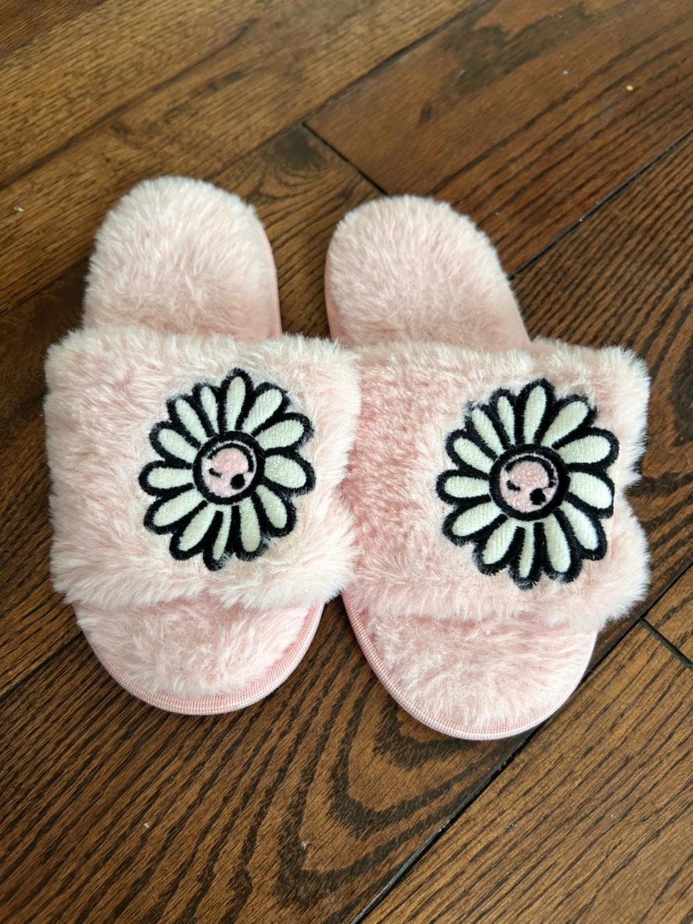 Pink Fuzzy Daisy Girls Slide Slippers